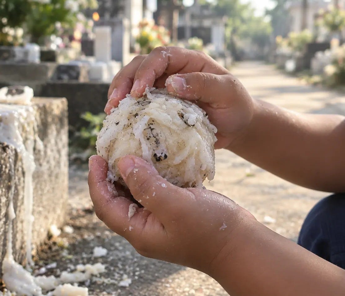 child's hands holding a ball of melted candle