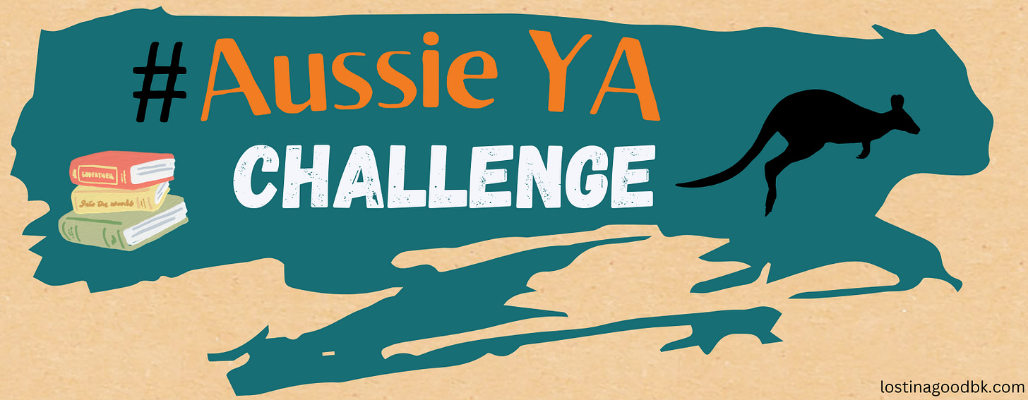 A tan and green background with black, orange and white text between colourful books and a black kangaroo.