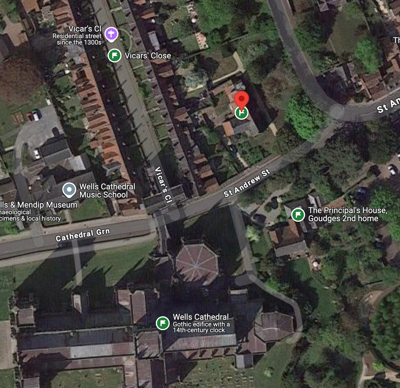 Tower House is marked in red here, and you can see house close it is to Principal’s House, Wells Cathedral and Vicar’s Close. Tower House is marked in red here, and you can see house close it is to Principal’s House, Wells Cathedral and Vicar’s Close.