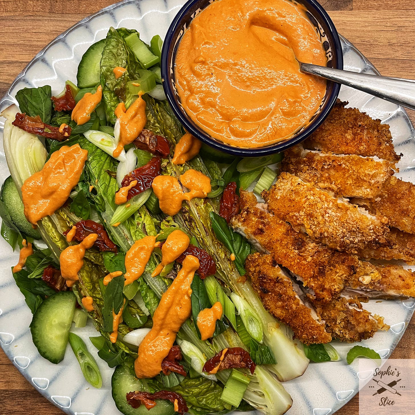 Crispy Chicken, Charred Romaine and Basil Salad with a Creamy Sun-dried Tomato Dressing