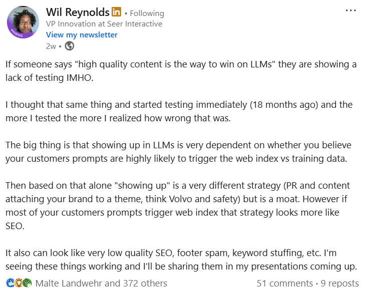 Will Reynolds Linkedin post on why showing up in LLMs is difficult based on customer prompts