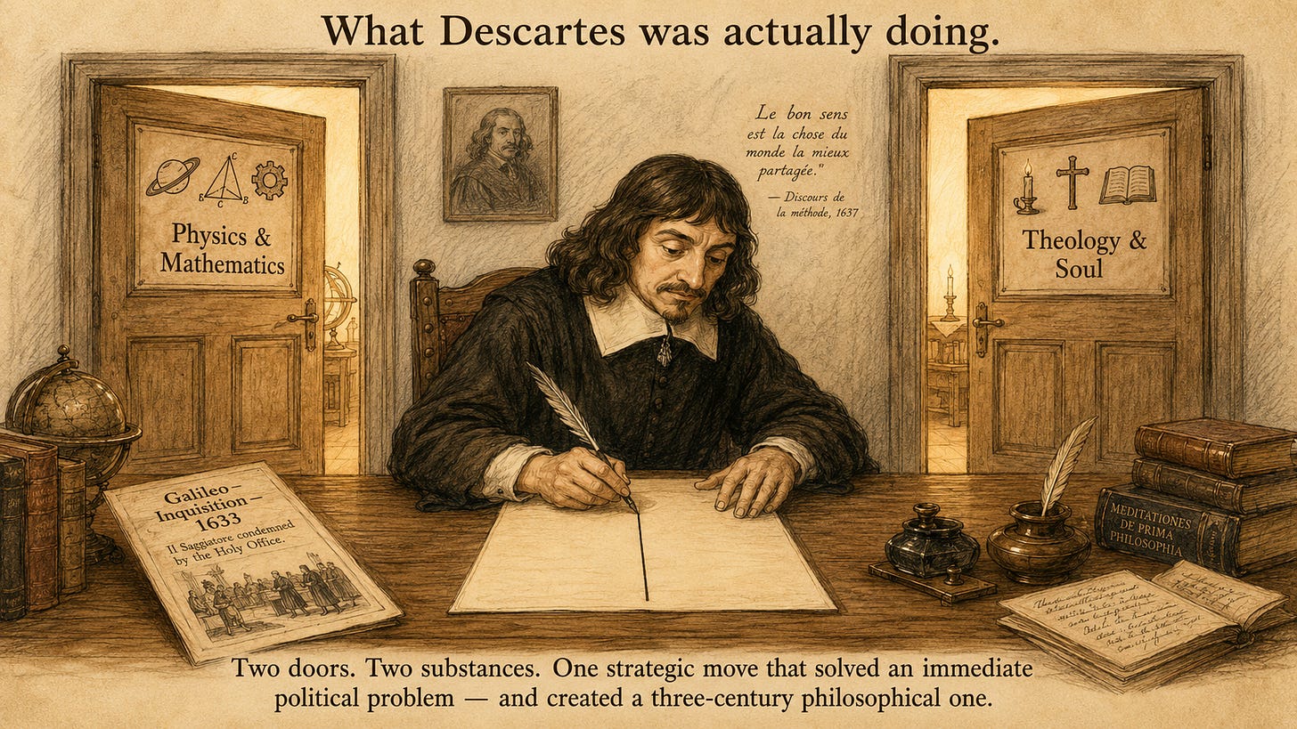 A 17th-century scene at René Descartes' writing desk, in soft warm line-art. Descartes is seated at the desk in 17th-century dress, leaning over a sheet of paper on which he is drawing a single vertical line down the middle. Behind him, two doors stand side by side on the back wall, clearly separated by a solid wall. The left door is labeled "Physics & Mathematics" with icons of a planetary orbit, a geometric proof, and a gear; warm light comes through. The right door is labeled "Theology & Soul" with icons of a candle, a small cross, and an open book; the same warm light comes through. On the desk, a printed broadside is faintly legible: "Galileo — Inquisition — 1633."