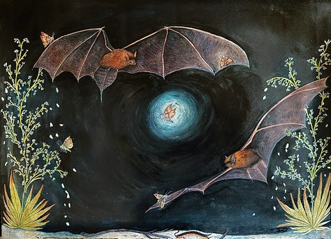 a rock cabin at Carlsbad Caverns artist residency, Bats circling the moon painting, and Ayla Yarborough and a National Park Ranger holding her painting at the NPS studio