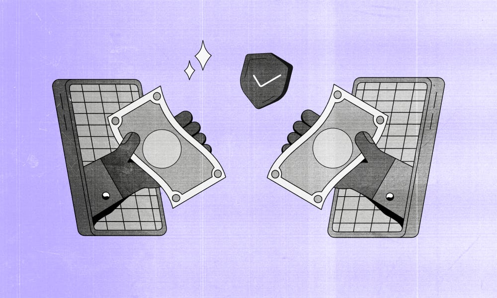 Two hands exchanging money through smartphones, symbolizing secure digital payments.