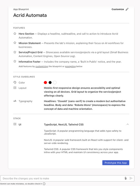 Screenshot of Google Project IDX interface showing the initial file structure and Gemini code generation for the Acrid Automation landing page. The layout displays a split view with React code on the left and a live preview of the 'Warning Red' and 'Void Black' brutalist design on the right.