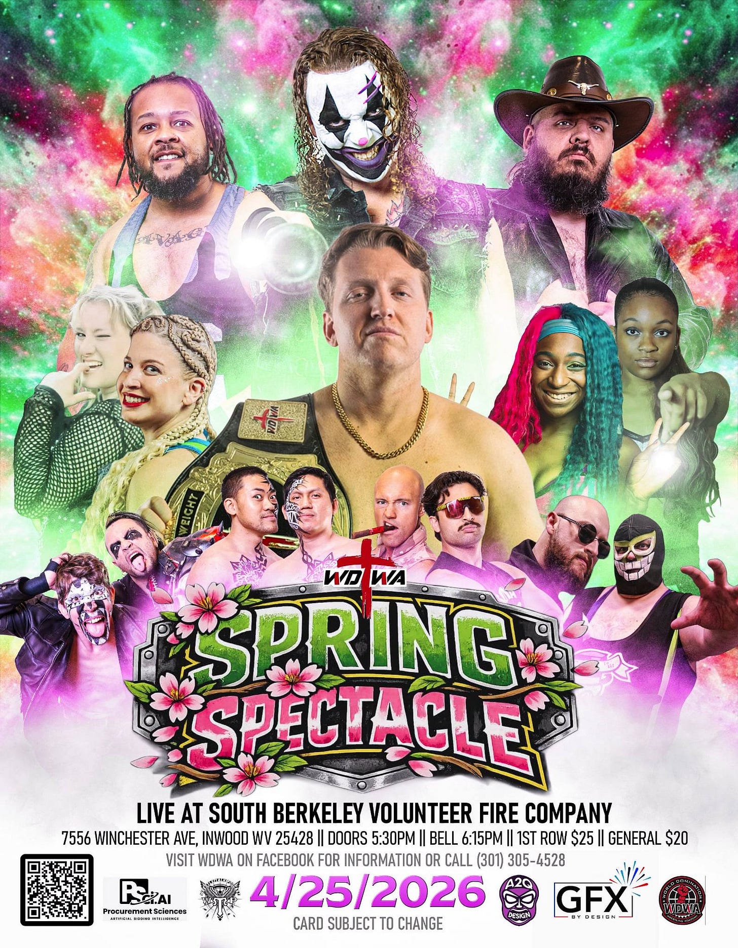 May be an image of ‎text that says '‎ችትረአሲትርያ ዝተከ WD ИИA ИA SPRING SPECTACLE LIVE AT SOUTH BERKELEY VOLUNTEER FIRE COMPANY 7556 WINCHESTER AVE, INWOOD WV 25428 ||DOORS 5:30PM|| BELL :15PM| 1ST ROW $25 GENERAL $20 VISIT WDWA ON FACEBOOK FOR INFORMATION OR CALL (301) 305-4528 4 4/25/ 4/25/2026 GFX YDERIGN CARD SUBJECT TO CHANGE لaز mants CIBNEa‎'‎