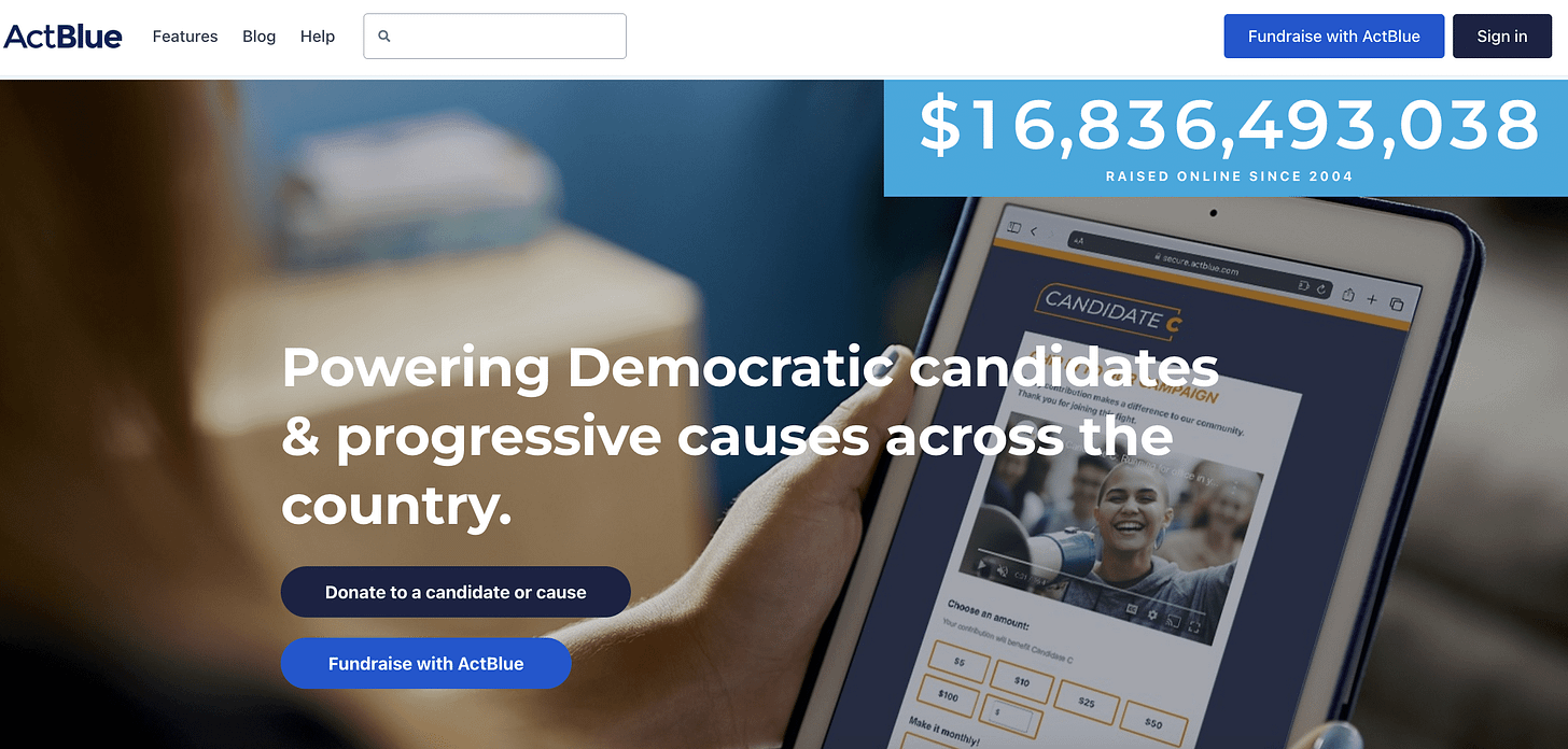 Screenshot of the ActBlue homepage. Screenshot of the ActBlue homepage.