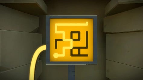 Screenshot from The Witness showing few solved puzzle panels