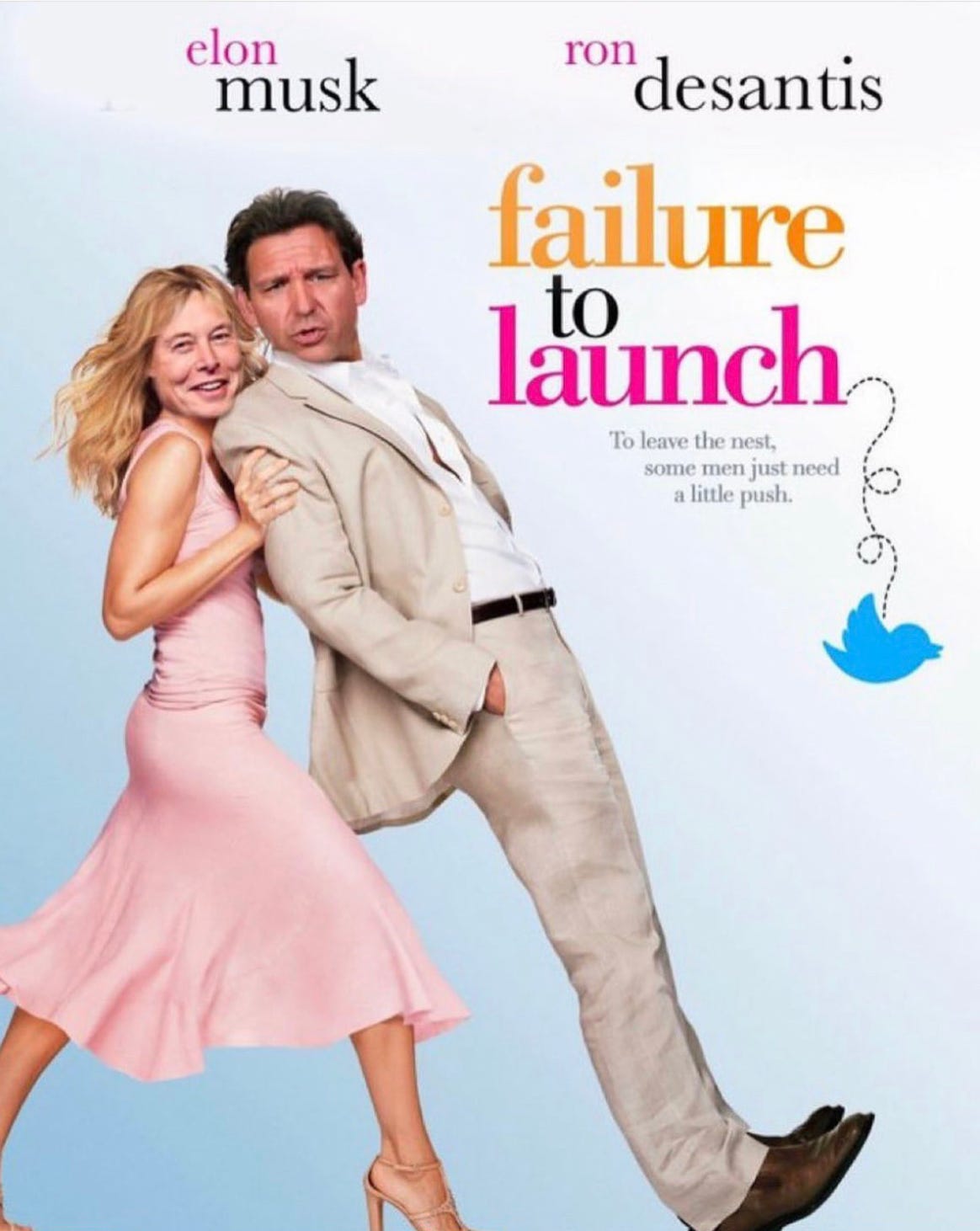 A meme parodying the 2006 film Failure to Launch shared on Twitter shows Elon Musk in Sarah Jessica Parker’s role and Ron DeSantis in Matthew McConaughey’s. A meme parodying the 2006 film Failure to Launch shared on Twitter shows Elon Musk in Sarah Jessica Parker’s role and Ron DeSantis in Matthew McConaughey’s.
