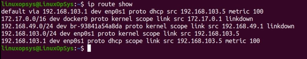 example show route using ip route