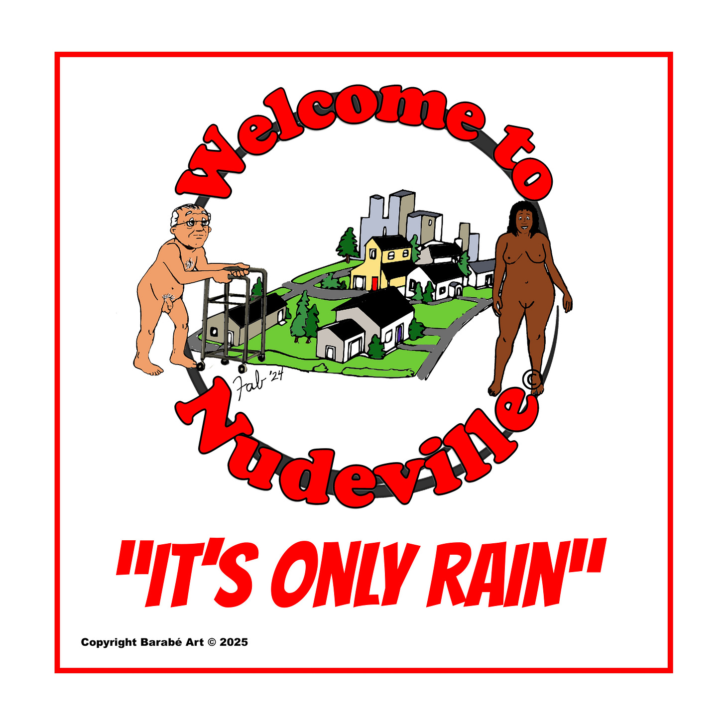 Panel 1: The comic opens with the Welcome to Nudeville logo and the title “It’s Only Rain” beneath it. Panel 1: The comic opens with the Welcome to Nudeville logo and the title “It’s Only Rain” beneath it.