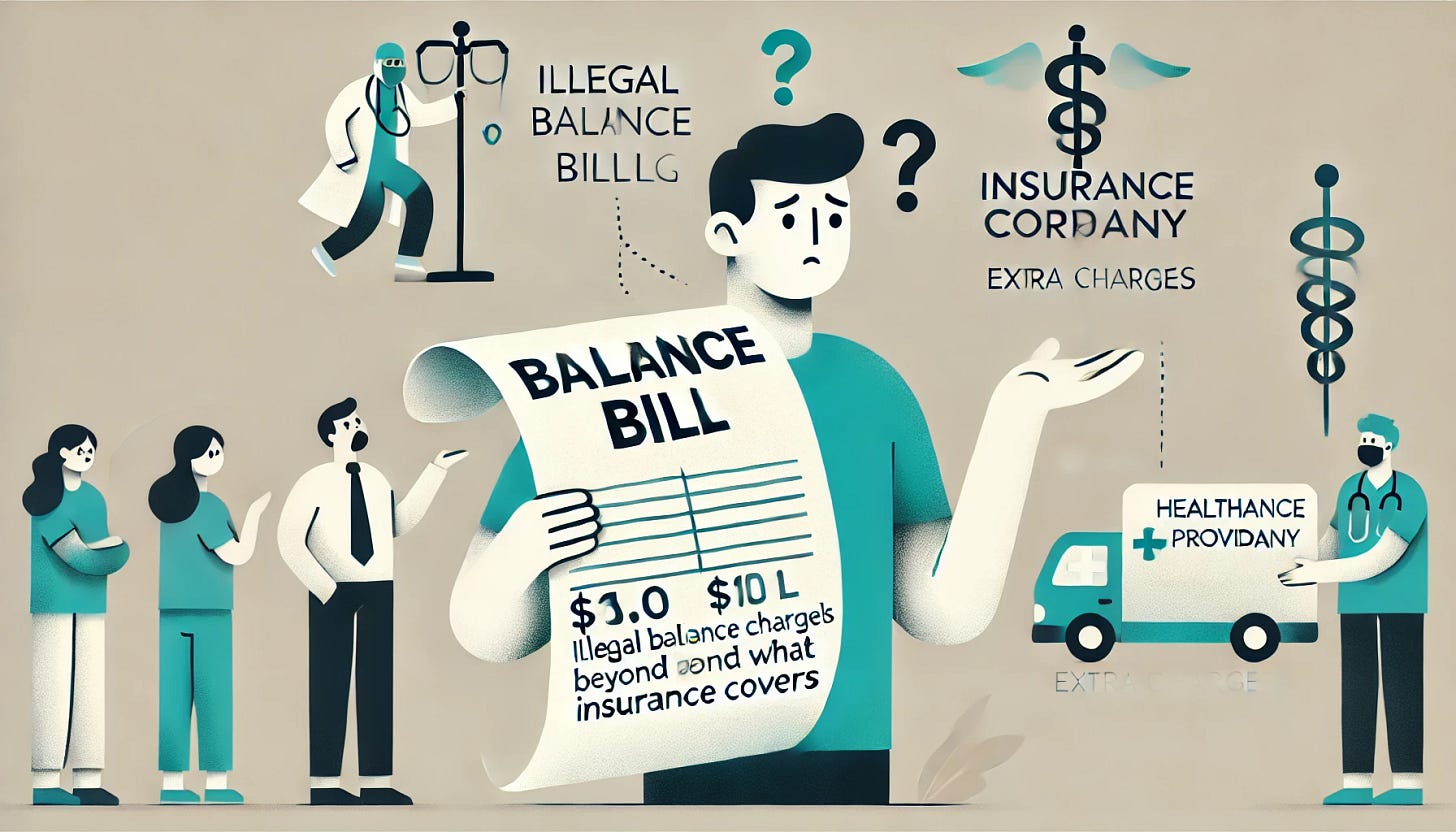 A minimalistic and clear illustration of illegal balance billing in healthcare. Depict a patient holding a large bill labeled 'Balance Bill' with a confused or upset expression. Behind the patient, a healthcare provider and an insurance company stand on opposite sides, with the provider showing an arrow labeled 'Extra Charges' pointing to the patient. Use clean visuals and simple text to highlight the concept of illegal overcharging beyond what insurance covers.