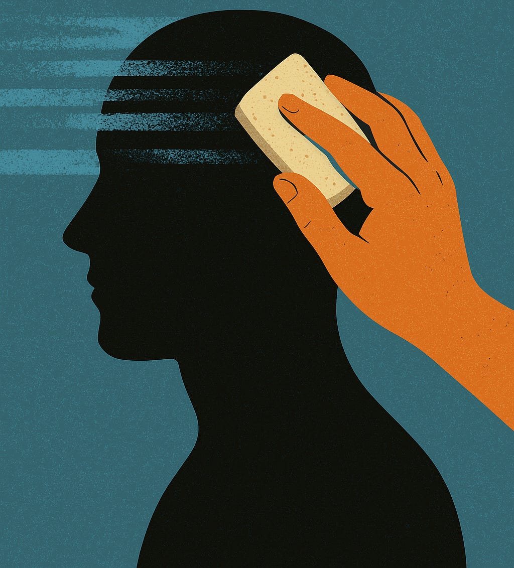 Illustration of a human silhouette with an orange hand scrubbing the head using a sponge, erasing blue static-like lines against a muted teal background. The image symbolizes cognitive hygiene and mental housekeeping in the digital age.