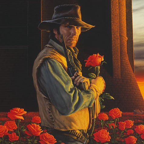 LEFT: Background detail from THE DARK TOWER featuring the stone path leading up to the Dark Tower. The stone faces of fallen statues lay staring up from the field of roses. The nearest face is a young man, perhaps Roland in his youth. Farther back is an older face framed by a hood. In the foreground, red roses rise into camera view giving a sense of depth. CENTER: Figure detail from THE DARK TOWER featuring Roland Deschain framed in a low angle cowboy shot. His gun belt rides low on his hip with most of the slots empty of bullets. He wears a rough vest, likely sheepskin, and a blue cotton shirt beneath. His hat is crafted by similarly rough technique. Half his faced is bathed in golden twilight as he holds his arms crossed with his big revolver pointing up in one hand and a rose clutched in the other. RIGHT: Close detail from THE DARK TOWER featuring a weathered Roland Deschain at the end of his journey. Half his faced is bathed in twilight as he holds his arms crossed with his big revolver in one hand pointing up and a rose clutched in the other. The uneven brim sits just above clear blue eyes. Lines around his eyes speak to the years and trials he's seen. He's still handsome with high rugged cheeks and sideburns that extend to the bottom of his ear. The flat line of his mouth doesn't give much emotion away, but there's both warmth and strength to be read there. His right hand is bandaged with cloth, bloody at the bottom where his pinky and ring finger would be with the end loosely tied about his wrist.