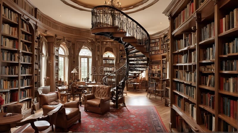 Vintage home library with a spiral staircase leading to a second level of bookshelves.. side view. Spiral side view illustrations
