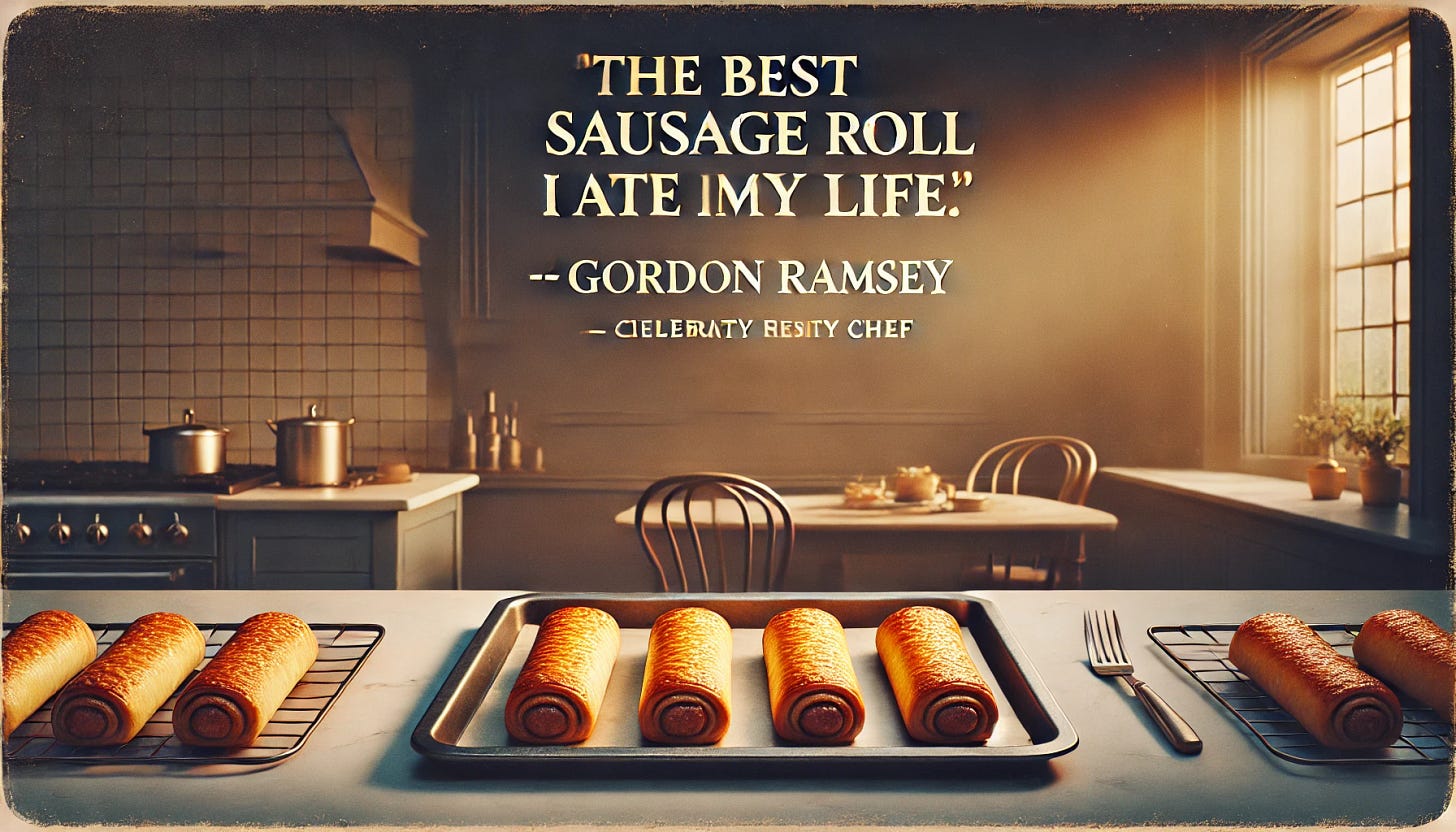 An image with a faded background showing a tray of golden, perfectly baked sausage rolls in an elegant, high-end kitchen setting. In the foreground, overlaid text reads 'The best sausage roll I ever ate in my life' in bold, clean font, followed by a second line '-- Gordon Ramsey, Celebrity Chef' in a smaller, more understated font. The composition should feel professional, refined, and appealing for a premium food brand, with warm lighting enhancing the quality and texture of the sausage rolls. An image with a faded background showing a tray of golden, perfectly baked sausage rolls in an elegant, high-end kitchen setting. In the foreground, overlaid text reads 'The best sausage roll I ever ate in my life' in bold, clean font, followed by a second line '-- Gordon Ramsey, Celebrity Chef' in a smaller, more understated font. The composition should feel professional, refined, and appealing for a premium food brand, with warm lighting enhancing the quality and texture of the sausage rolls.