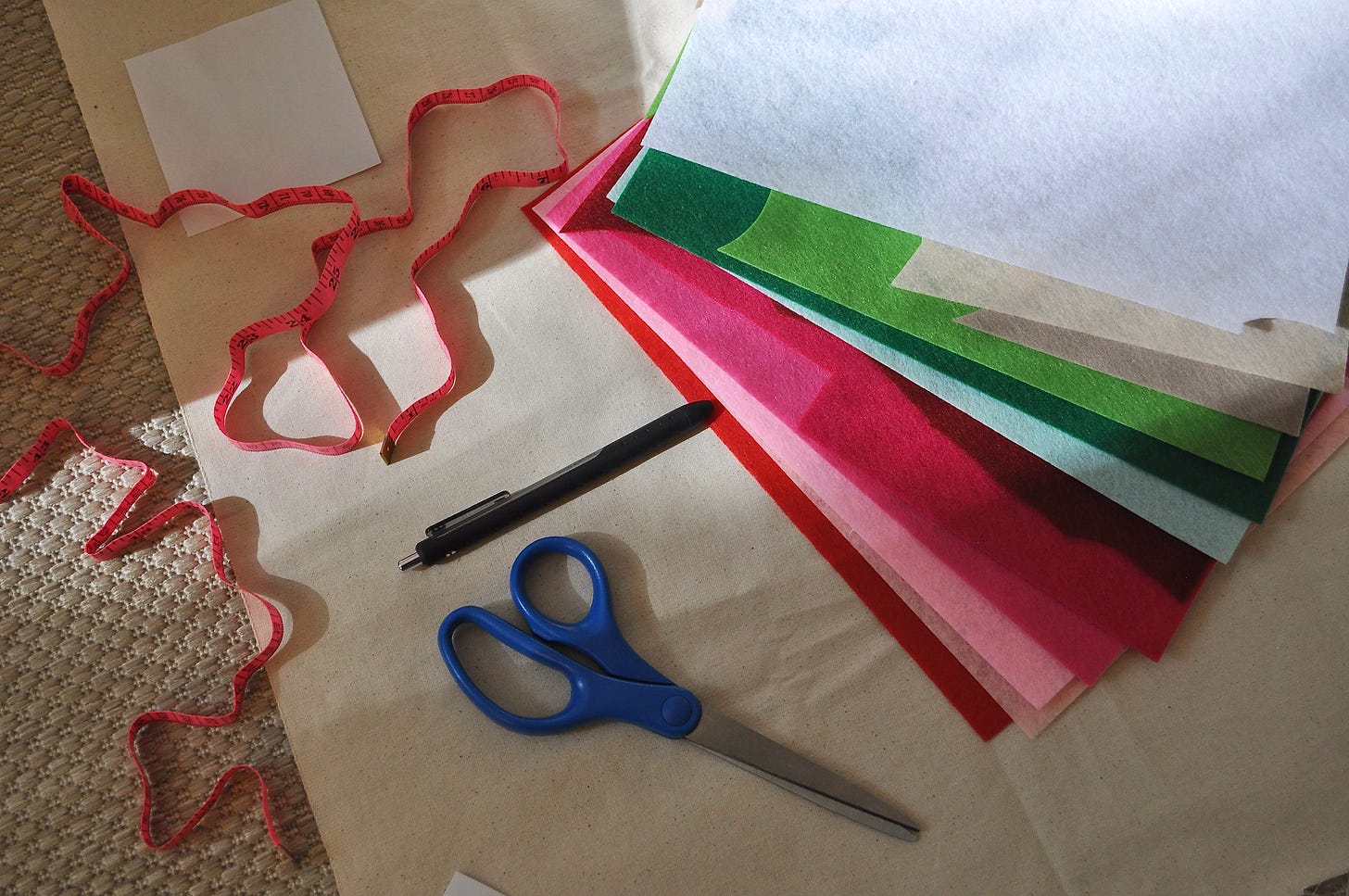 Crafting supplies - felt, fabric, scissors, measuring tape, pen.