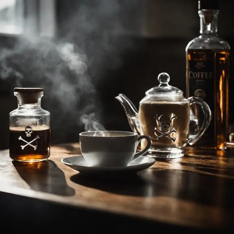 Methylene Chloride Chemical Bottle next a cup of coffee A close-up photo of a clear glass bottle withskull and cross bones emblem containing methylene chloride next to a cup of coffee on atable.