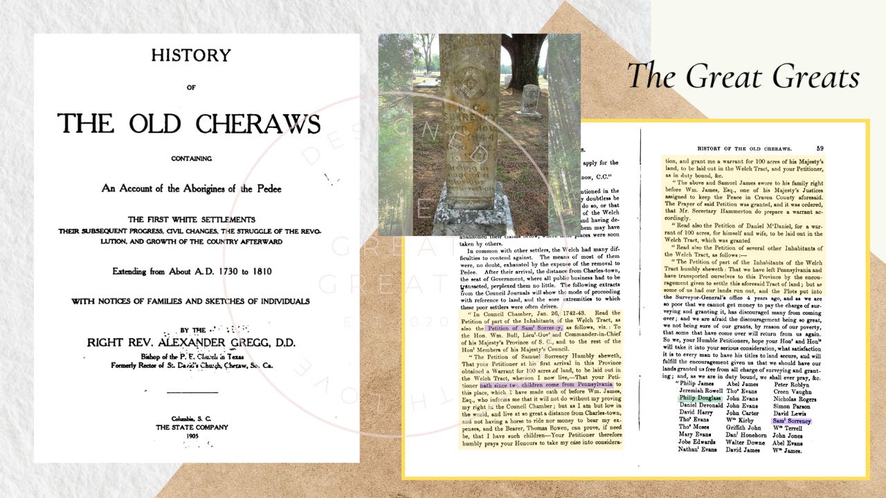 Cover collage for a family-history article: at left, the printed title page of History of the Old Cheraws; in the center, the weathered upright headstone of Henry Clay Surrency, carved with his name and a Masonic emblem, standing among trees in a cemetery; at right, a two-page book spread with several names highlighted. "The Great Greats" wordmark in the upper corner. Cover collage for a family-history article: at left, the printed title page of History of the Old Cheraws; in the center, the weathered upright headstone of Henry Clay Surrency, carved with his name and a Masonic emblem, standing among trees in a cemetery; at right, a two-page book spread with several names highlighted. "The Great Greats" wordmark in the upper corner.