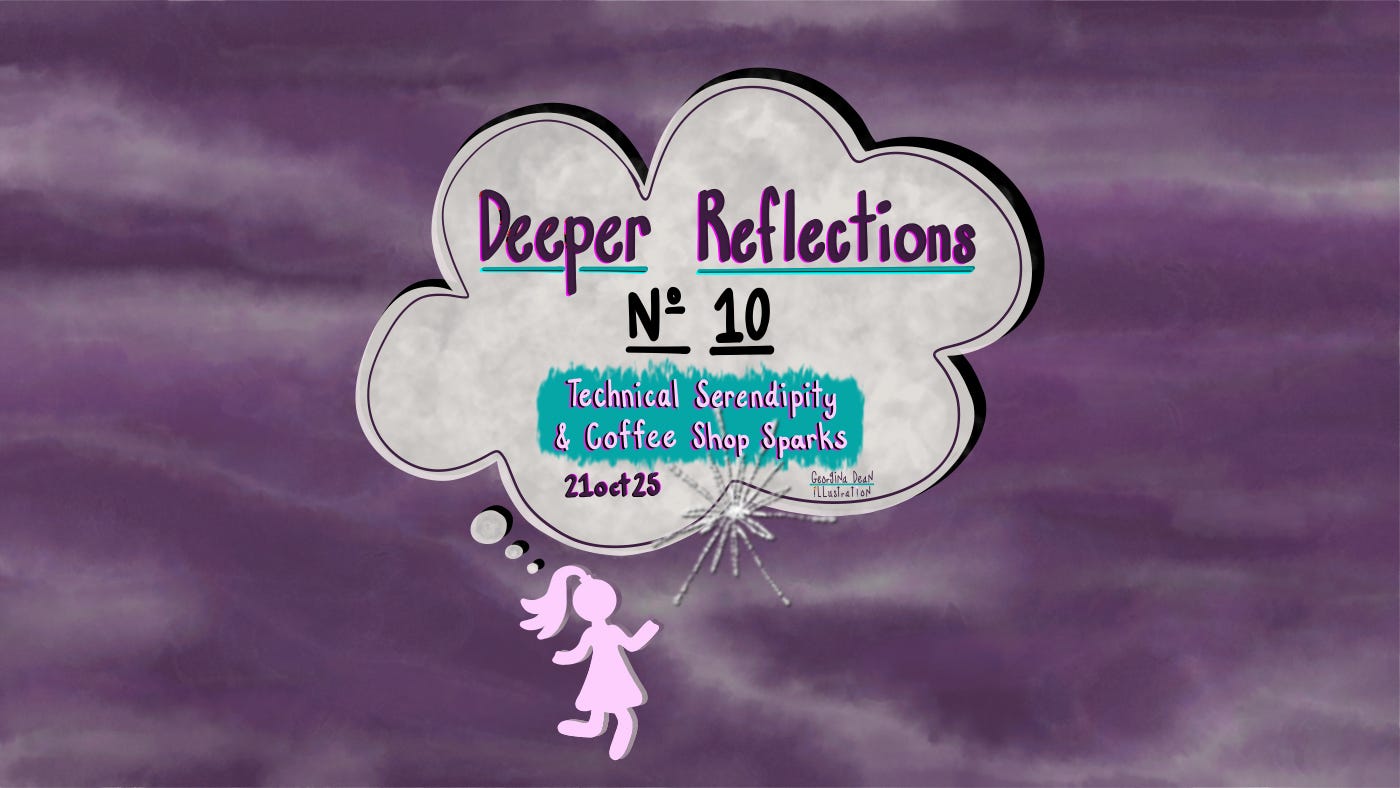 Official header for Creatively Wondering's Deeper Reflections series, featuring a thought cloud with the title "Deeper Reflections № 10: Technical Serendipity & Coffee Shop Sparks."