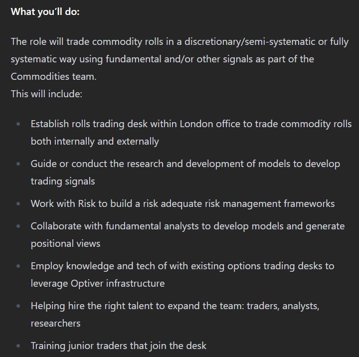 Commodities spreads / rolls trader job description