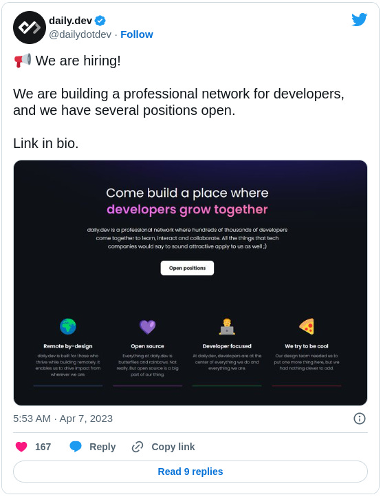 ๐ข We are hiring! We are building a professional network for developers, and we have several positions open. Link in bio. ๐ข We are hiring! We are building a professional network for developers, and we have several positions open. Link in bio.