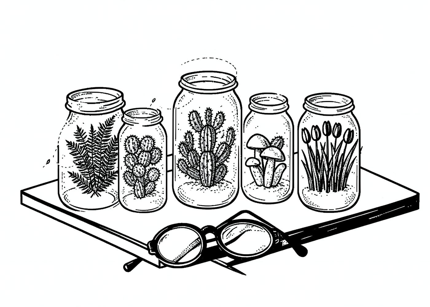 Five glass jars on a shelf, each filled with one kind of plant, with a pair of glasses in front. Five glass jars on a shelf, each filled with one kind of plant, with a pair of glasses in front.