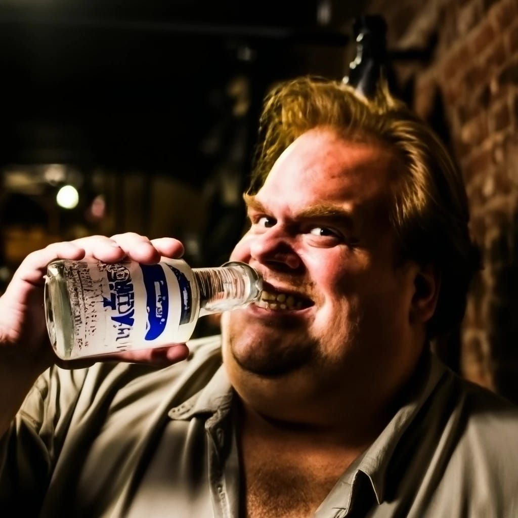 Chris Farley of SNL drinking Zima hard seltzer out of a bottle