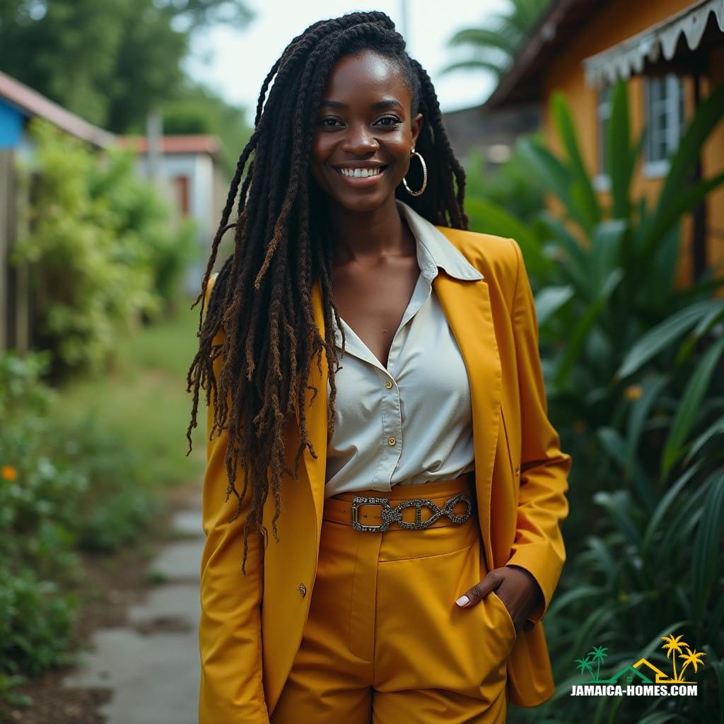 A beautiful Jamaican real estate agent, dressed professionally, stands in front of her own multi-tenant Airbnb property. She is a white woman with dreadlocks, embodying the spirit of Rastafari, and has been recognized as the top realtor of the year.