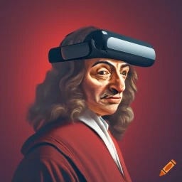 René Descartes immersed in a virtual reality application. Red Background. René Descartes immersed in a virtual reality application. Red Background.