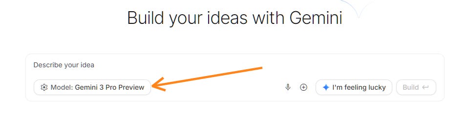 Google Gemini “Build your ideas” interface with an orange arrow pointing to the selected model label reading “Gemini 3 Pro Preview.” - Google AI Studio