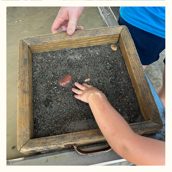 At left, two wooden squares fitted with wire mesh screens are full of heavy and fine rock particles. At right, the same sifting boxes have been dunked in water, as two hands poke through the wet chaff to check for hidden diamonds.