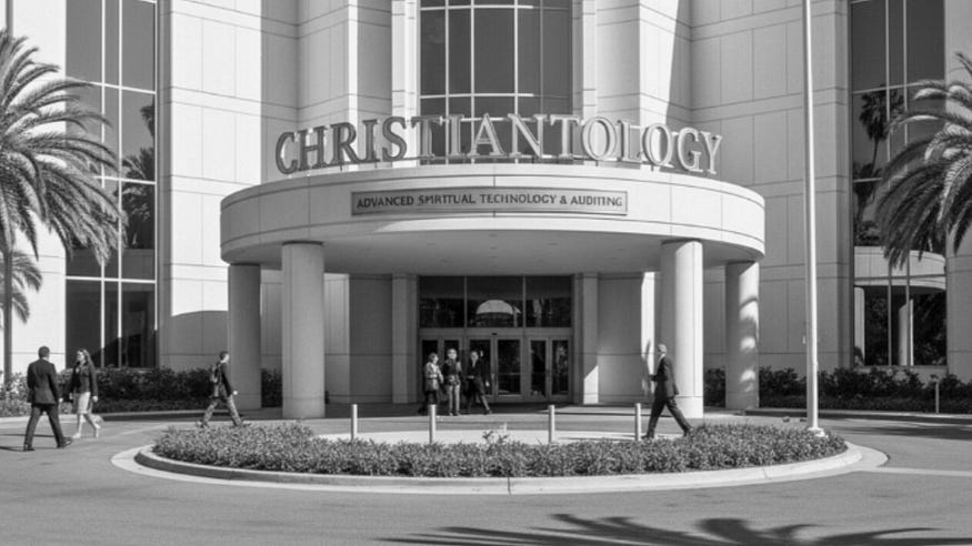 A grayscale photo of a large, modern building with a sign that reads “CHRISTIANTOLOGY.”