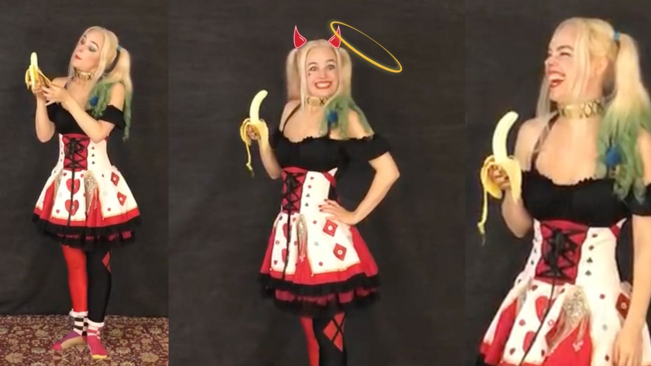 A montage of the author in her Harley Quinn getup: peeling a banana in rapt curiosity, holding now nekkid banana with a lopsided halo twirling around one of her horns and a "you caught me" grin, and of course, the oversized laugh because WTF else are ya gonna do? A montage of the author in her Harley Quinn getup: peeling a banana in rapt curiosity, holding now nekkid banana with a lopsided halo twirling around one of her horns and a "you caught me" grin, and of course, the oversized laugh because WTF else are ya gonna do?