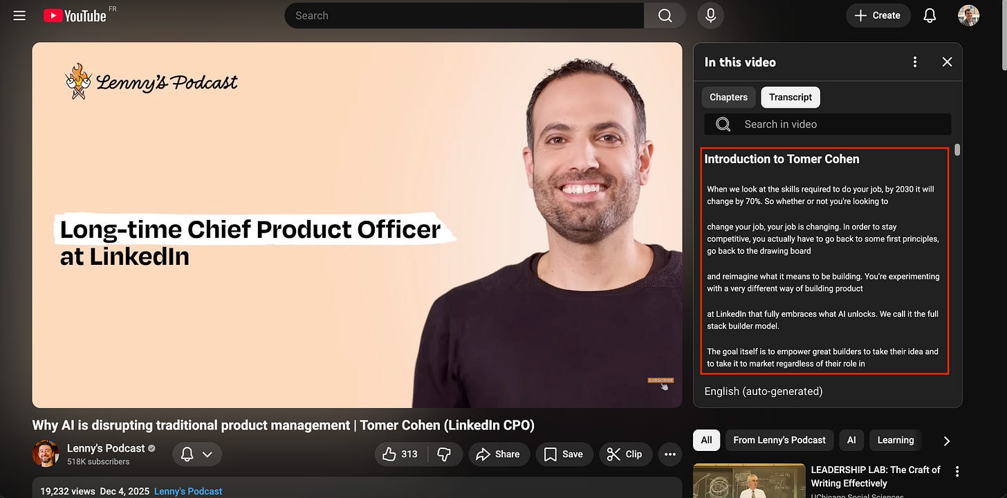 Screenshot of the YouTube interface showing the transcript panel on the right with a specific block of text highlighted in a red box.