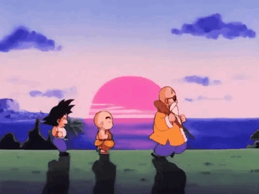 This may contain: three cartoon characters are standing in front of the sun