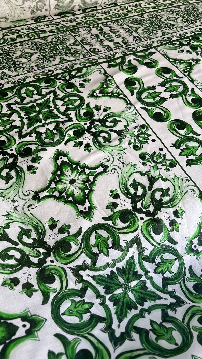 Exclusive Italian linen fabric, designer fabric in the famous designer style, majolica print, panel fabric, high quality, color: white-green image 5