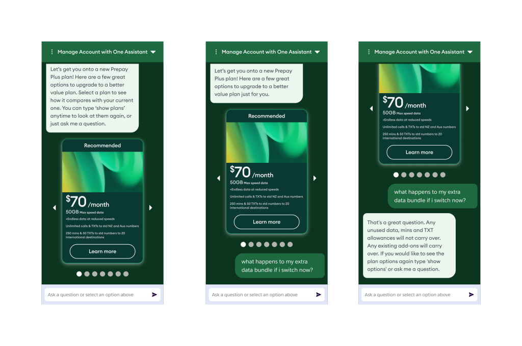 One NZ Prepaid Agent chat interaction, helping customers authenticate their accounts, select recommended plans, and complete plan upgrades.