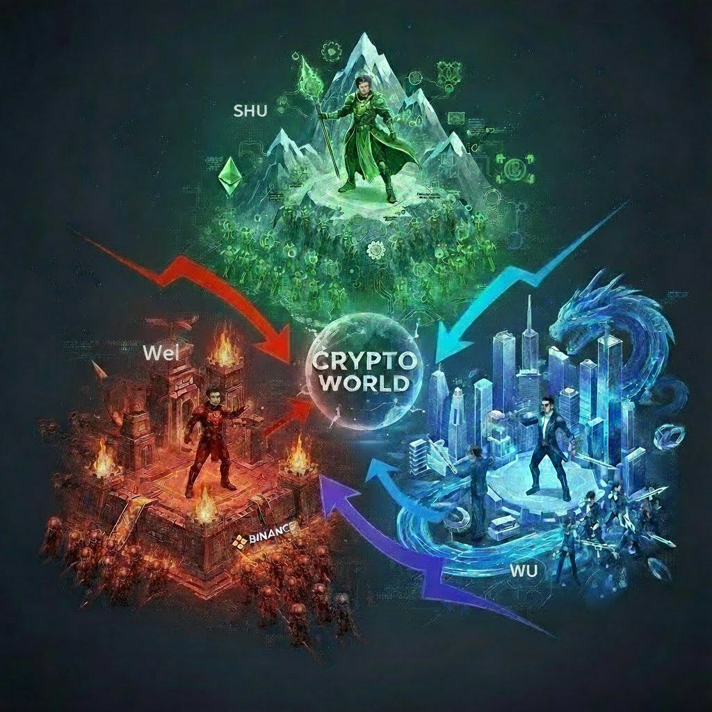 Stylized digital artwork divided into three sections representing fantasy realms. Central green mountainous area labeled SHU features a cloaked figure standing atop peaks with ethereal elements. Red fiery landscape labeled WEL shows a armored warrior on a platform amid flames. Blue urban cityscape labeled WU depicts suited figures in a modern metropolis with dragon motifs. Central glowing CRYPTO text connects the sections with arrows indicating interactions between SHU, WEL, and WU.