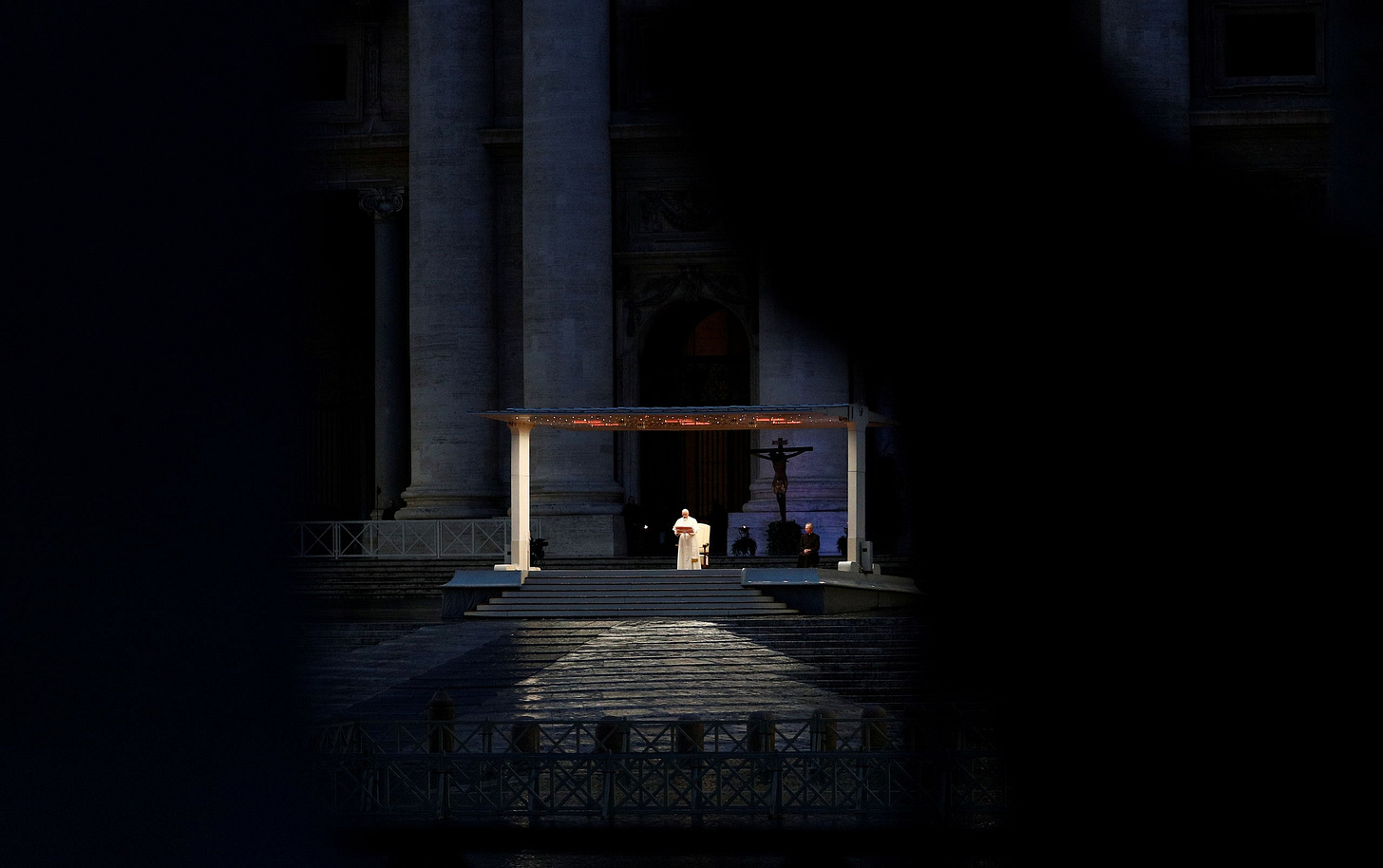 Pope Francis delivers a speech to an empty square.