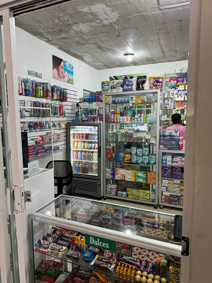 Two photos showing the selection of goods available at the pharmacy in San Agustín Etla.