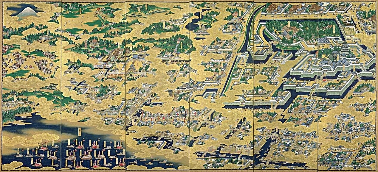 Folding screen view of Edo in the 17th century, showing Edo Castle on the upper right corner