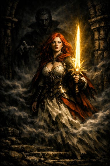 Ireena Kolyana’s vision in the Mists — a Barovian‑Gothic portrait steeped in harsher shadow and luminous resolve. She stands at the threshold of Ravenloft, her fiery red hair a burning halo against the pallid fog. The Mists coil around her gown like serpents of memory, whispering her name and her fate. Behind her looms Strahd’s spectral silhouette, half‑formed and reaching through the gloom. Her pale blue‑gray eyes catch the golden radiance of the Sun Sword she carries, its blade ignited with holy light that cuts through the oppressive dark. Shadows deepen, swallowing the stones beneath her feet, yet her light endures — the moment she defies despair and the Mists recoil from her will.