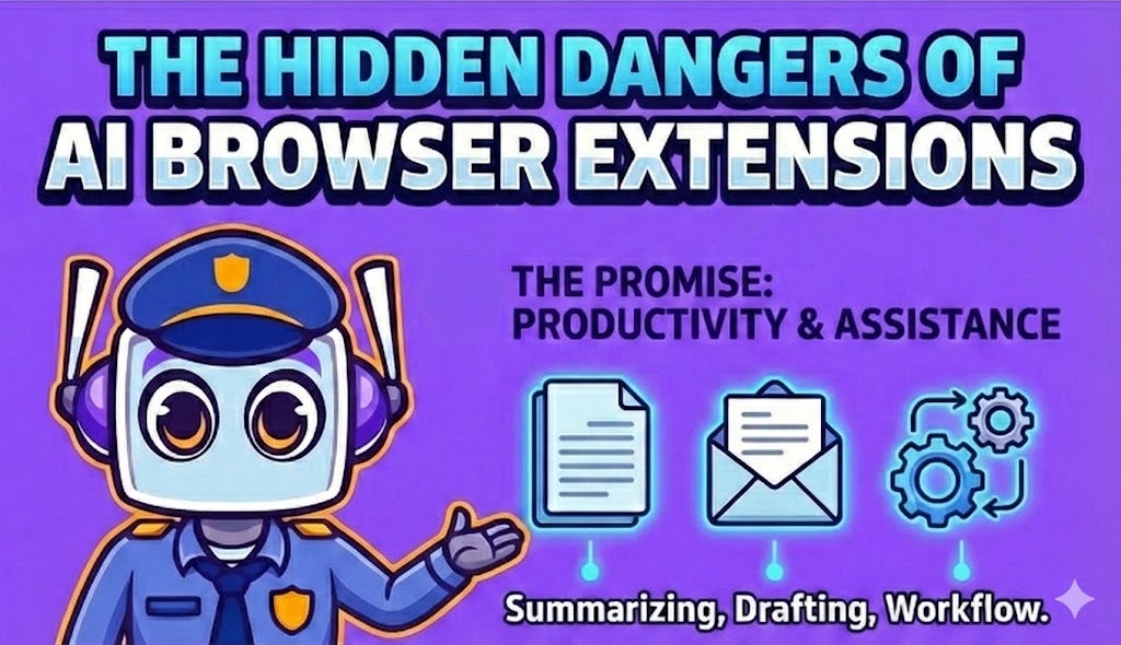 Infographic titled 'The Hidden Dangers of AI Browser Extensions' with a robot police character. It highlights 'The Promise: Productivity & Assistance' using icons for summarizing documents, drafting emails, and optimizing workflow.