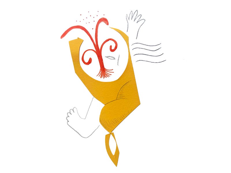 An illustration of an abstract figure with a yellow body and red, tongue-like splashes coming out of it. Their hand is raised upwards and their hair is flowing.