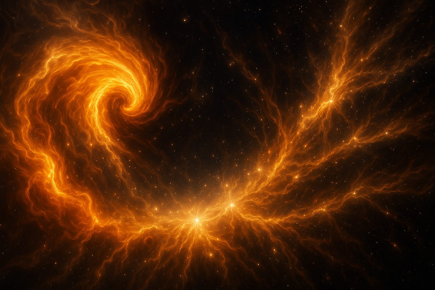 A swirling, fiery golden-orange nebula in deep space, forming a vortex-like spiral on the left and branching into glowing tendrils of light stretching across the cosmos against a dark starry background.