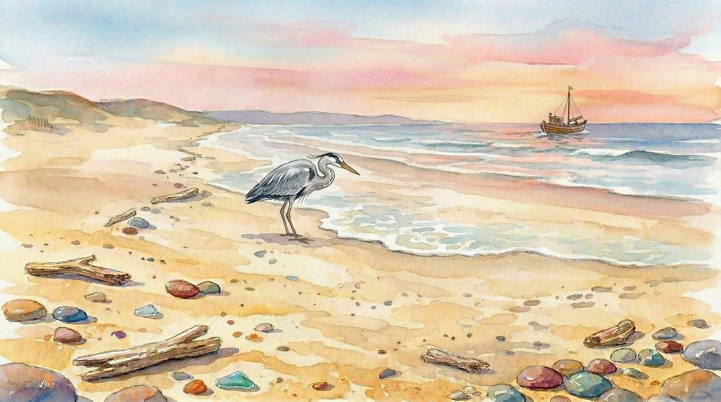 A grey heron stands beside a small boat on the morning sand in this Prince Freddie sleep story illustration.