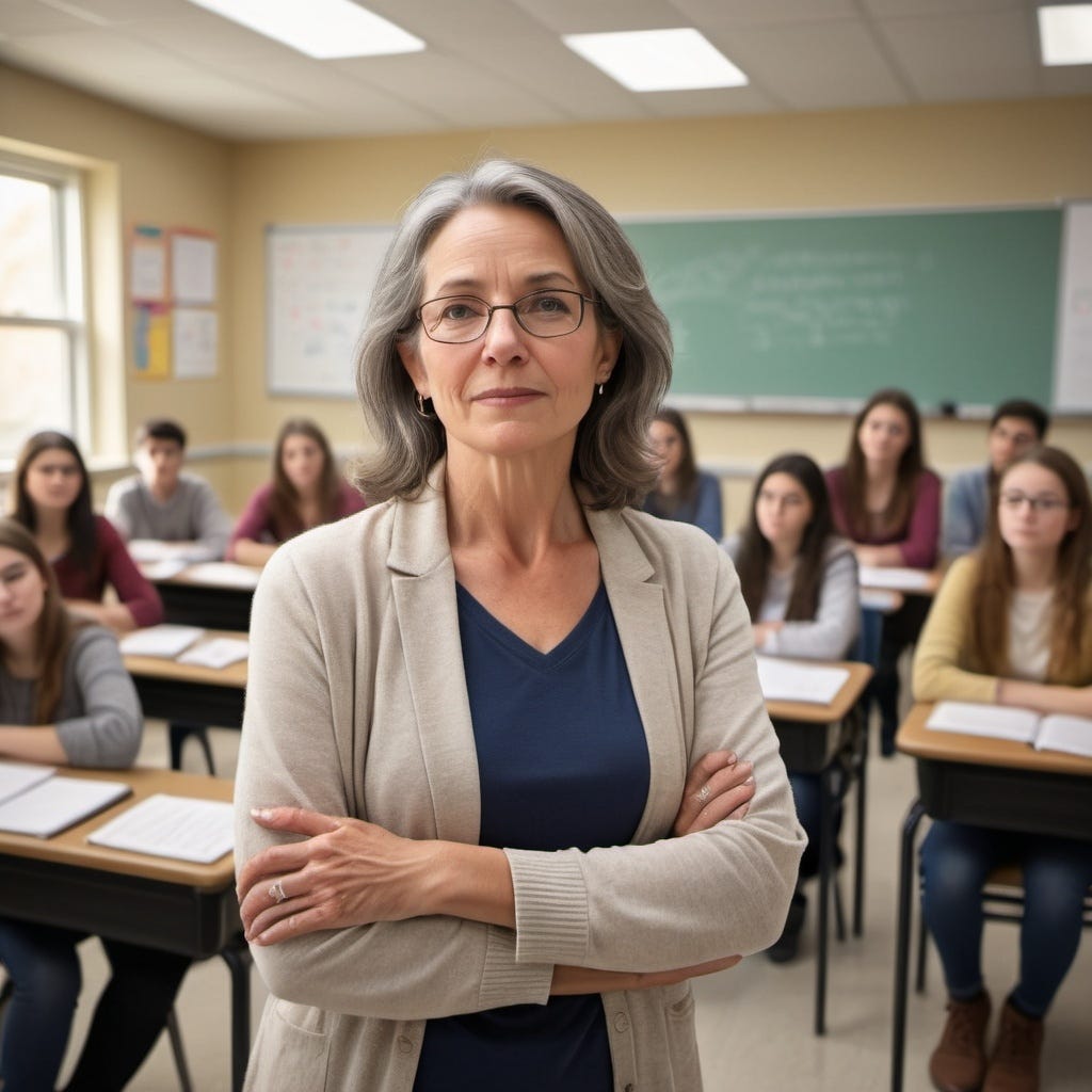 Mature teacher standing in front of her students looking tired.