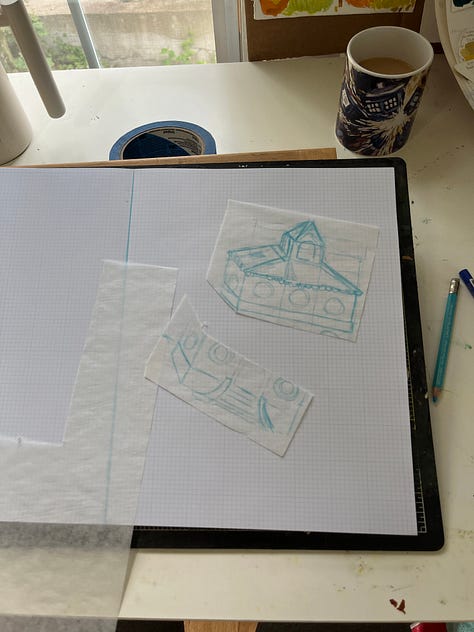 three images of a drawing of a building, cut and reassembled