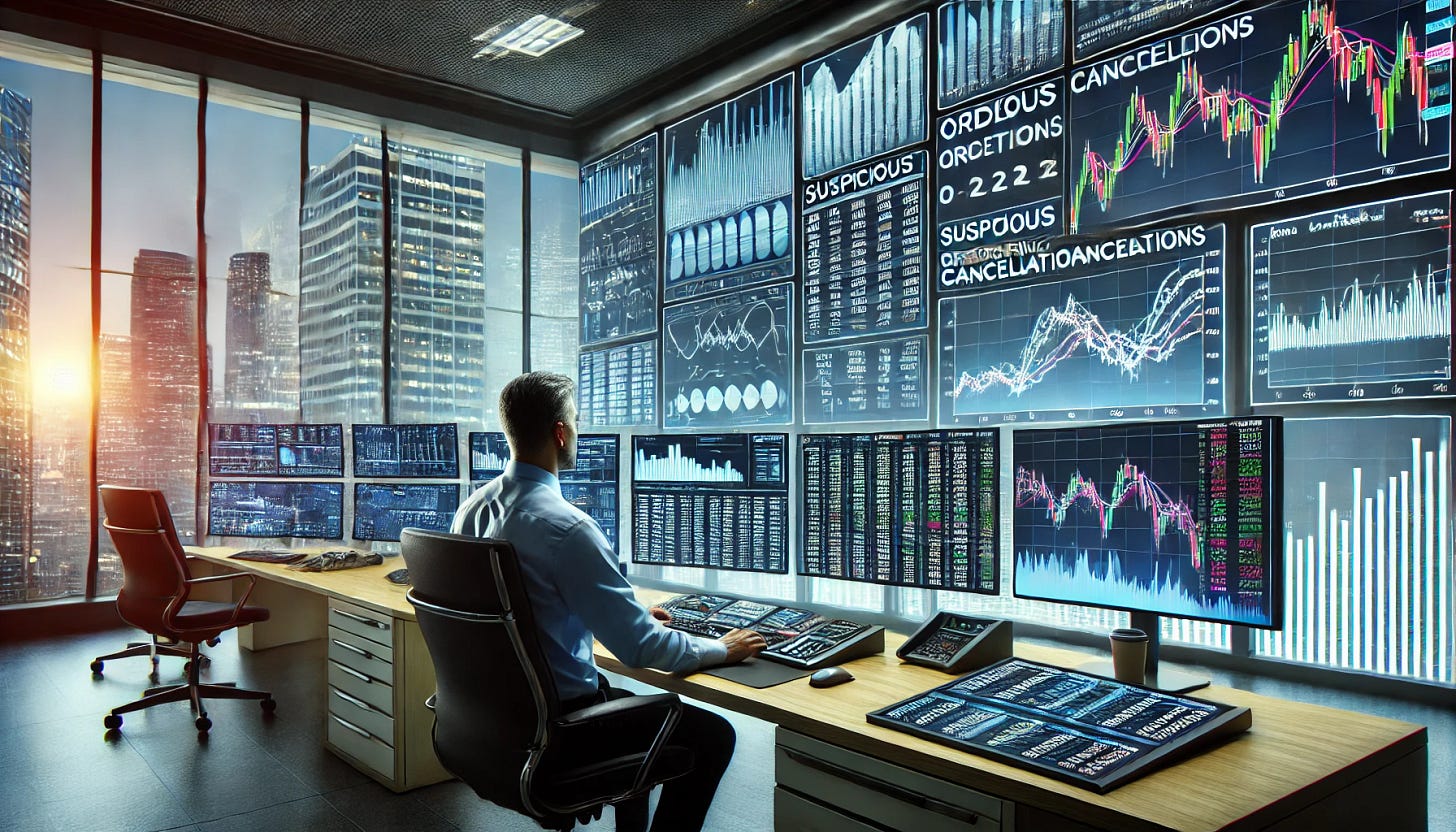 A professional trading desk in a high-rise building, with multiple monitors displaying real-time financial data, graphs, and a large order book. One monitor highlights a pattern of suspicious order cancellations that resemble spoofing or layering in the market. The setting should look modern, sleek, and sophisticated, conveying the intensity of high-frequency trading.